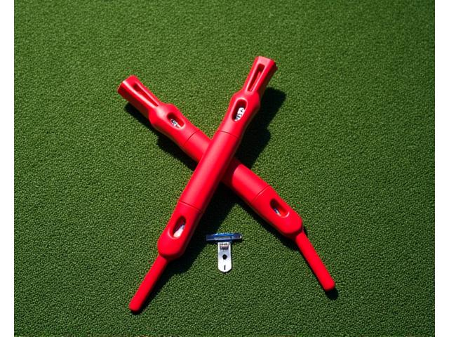 A pair of bright red golf alignment sticks crossed on a putting green.