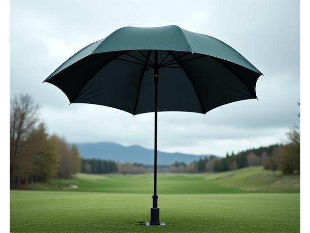 A large, wind-resistant golf umbrella standing on a golf course.